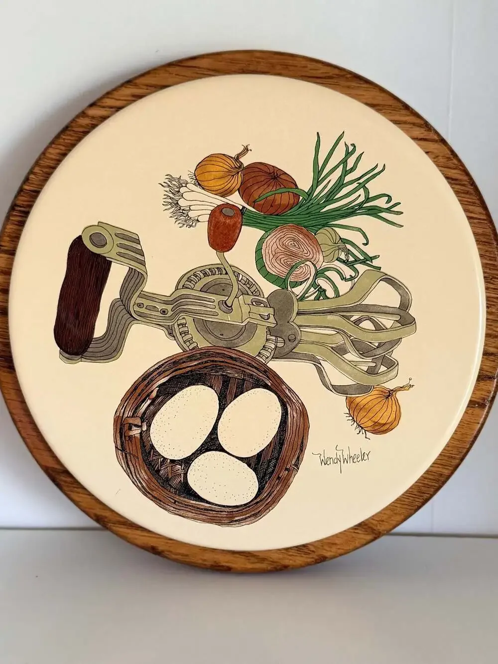 Wendy Wheeler Ceramic Tile Trivet w/ Oak Wood Frame Kitchen Decor